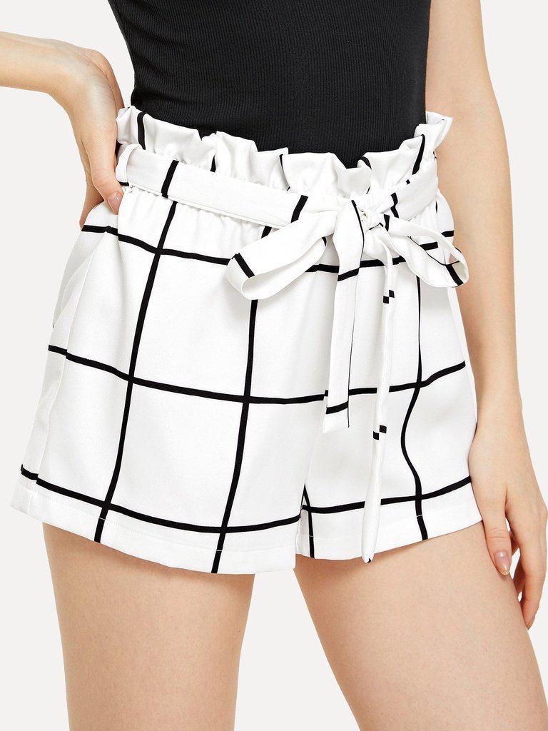 Belted Ruffle Waist Grid Shorts-bottom-Des Mess