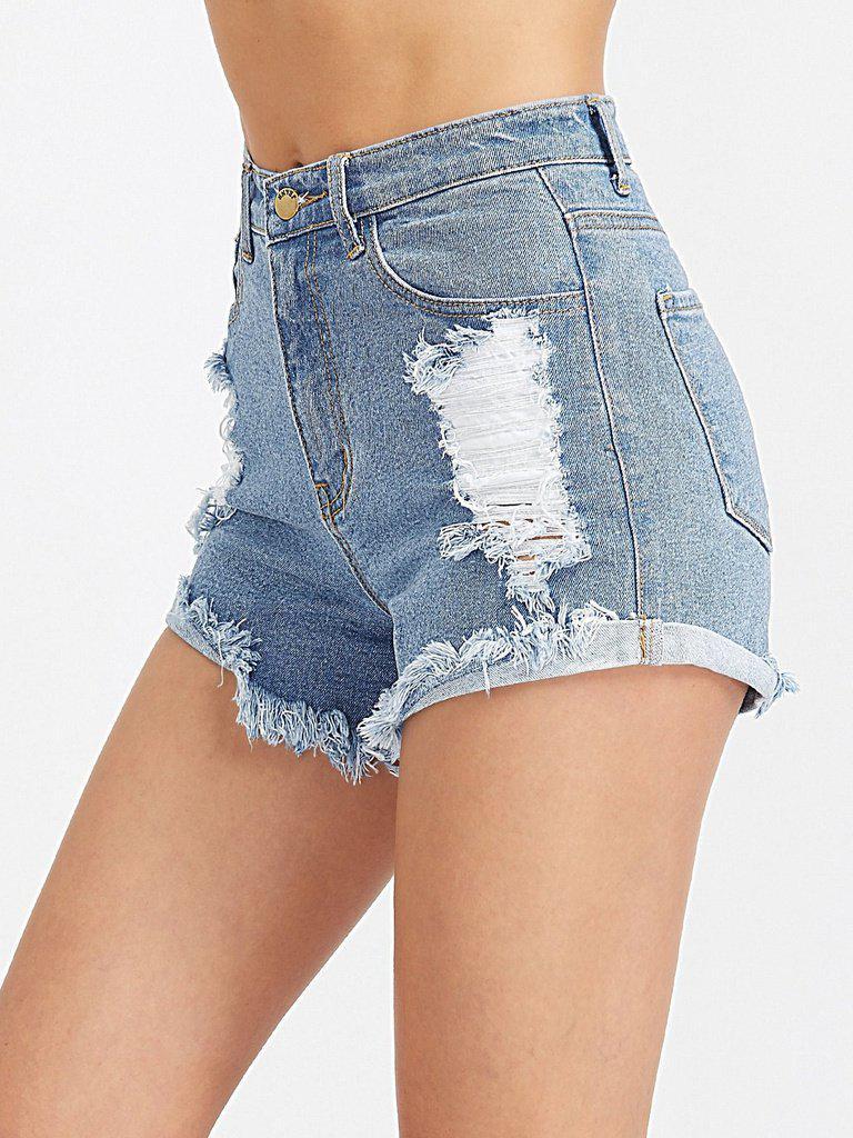 Frayed Hem Ripped Denim Shorts-bottom-Des Mess