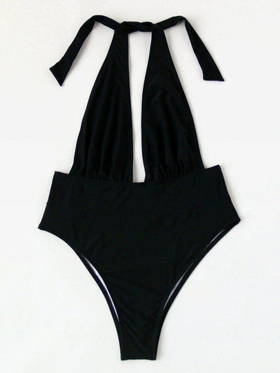 Plunge Neckline Halter Monokini-swimwear-Des Mess