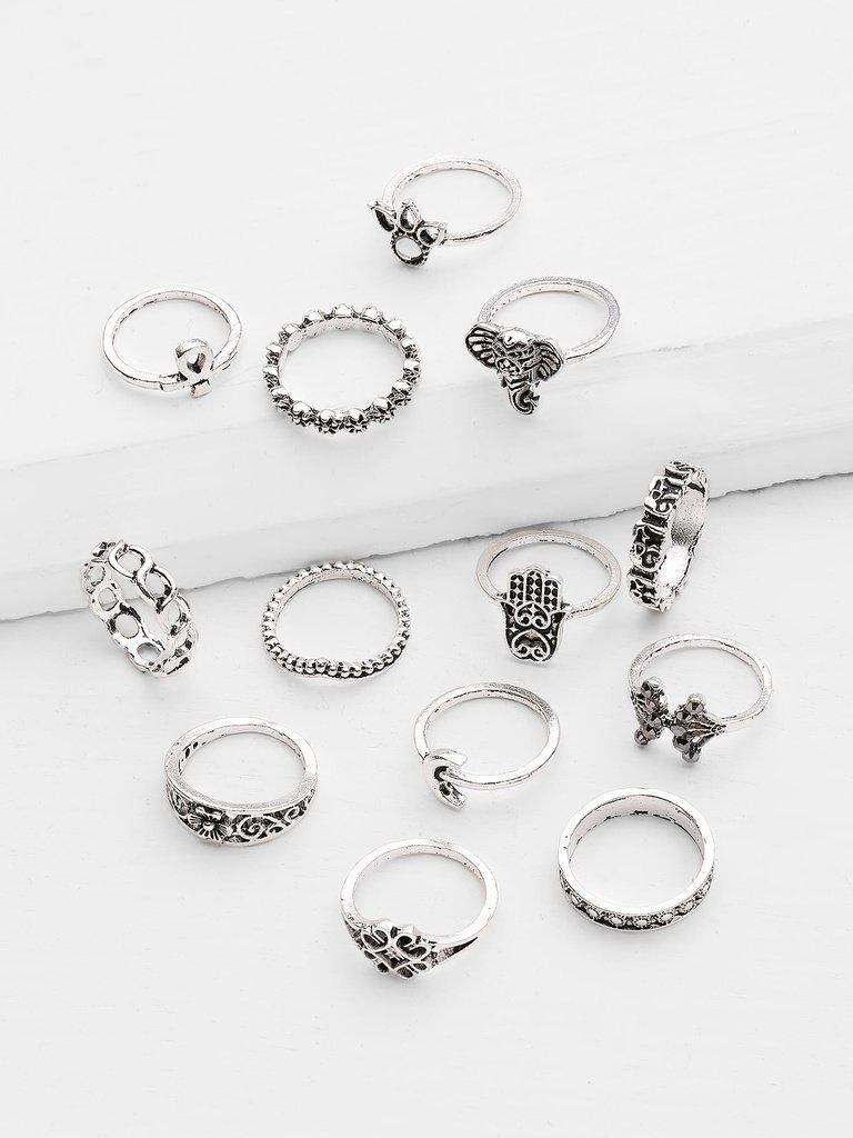 Crown And Flower Design Ring Set 13pcs-jewelry-Des Mess