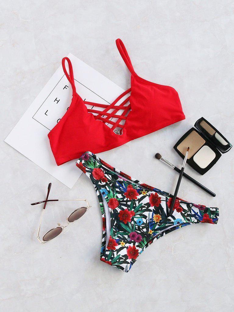 Floral Print Crisscross Bikini Set-swimwear-Des Mess