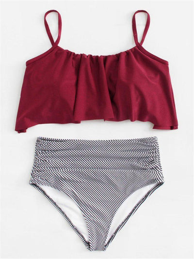 Flounce Striped Bikini Set-swimwear-Des Mess
