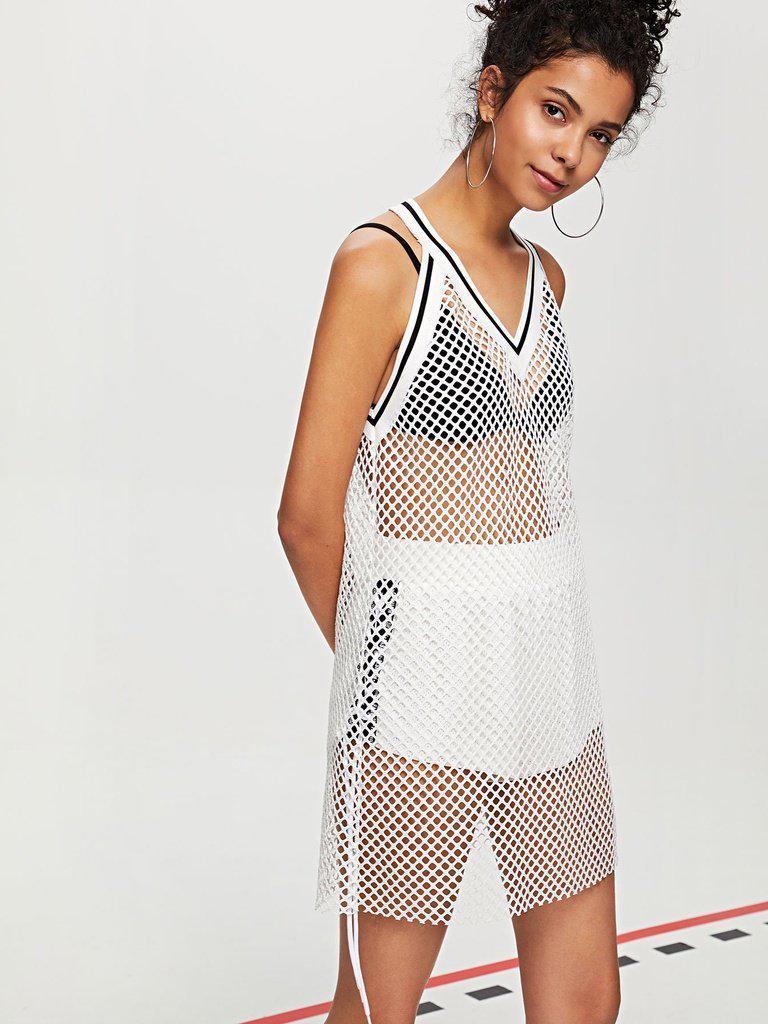 Contrast Striped Trim Fishnet Mesh Dress-sportswear-Des Mess