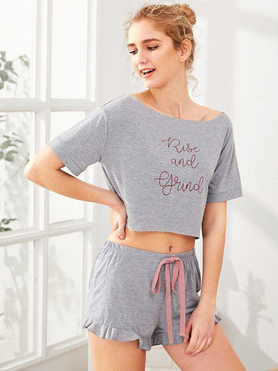 High Low Top And Frill Hem Shorts Pajama Set-loungewear-Des Mess