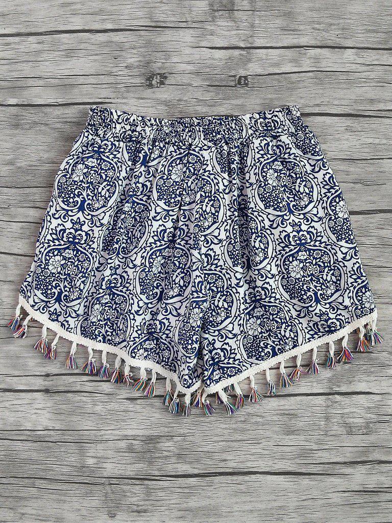 Damask Print Tassel Trim Wrap Shorts-bottom-Des Mess
