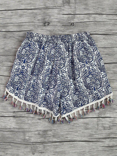 Damask Print Tassel Trim Wrap Shorts-bottom-Des Mess