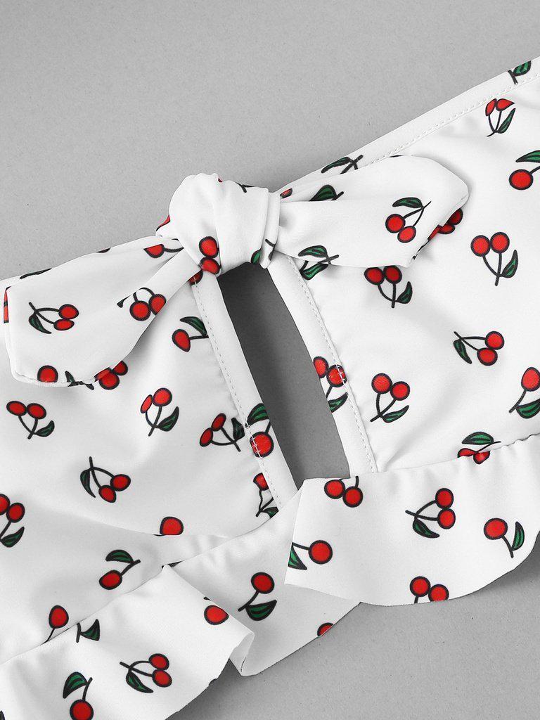 Cherry Print Knot Front Ruffle Bandeau Bikini Set-swimwear-Des Mess