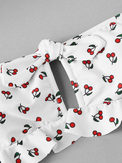 Cherry Print Knot Front Ruffle Bandeau Bikini Set-swimwear-Des Mess