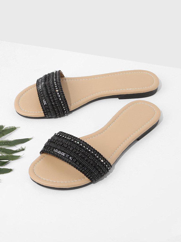 Beaded Detail Slide Sandals-shoes-Des Mess