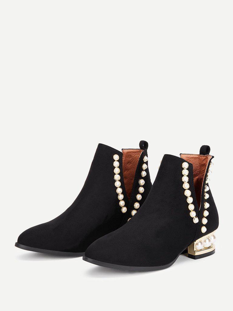 Faux Pearl Block Heeled Ankle Boots-shoes-Des Mess