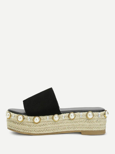 Faux Pearl Detail Espadrille Platform Wedges-shoes-Des Mess