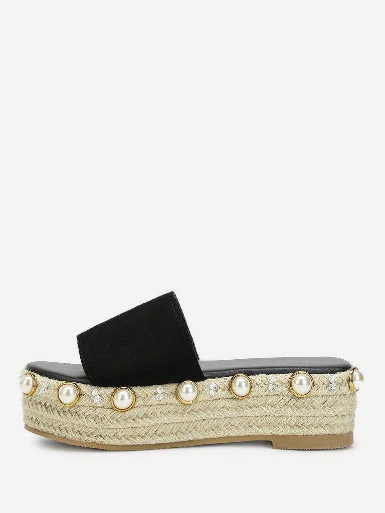 Faux Pearl Detail Espadrille Platform Wedges-shoes-Des Mess