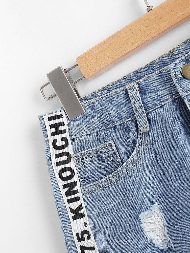 Letter Print Raw Hem Denim Shorts-bottom-Des Mess