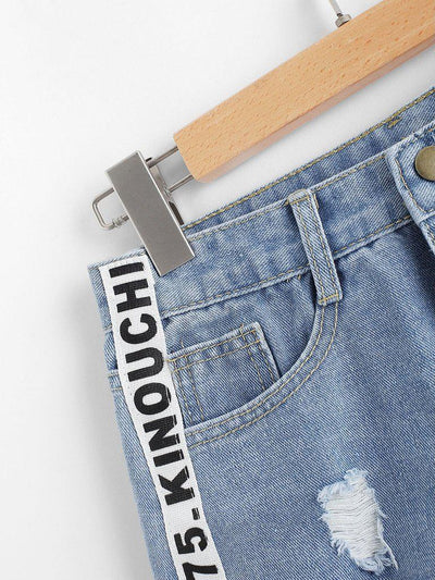 Letter Print Raw Hem Denim Shorts-bottom-Des Mess