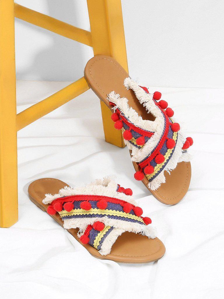 Criss Cross Flat Sandals With Pom Pom-shoes-Des Mess