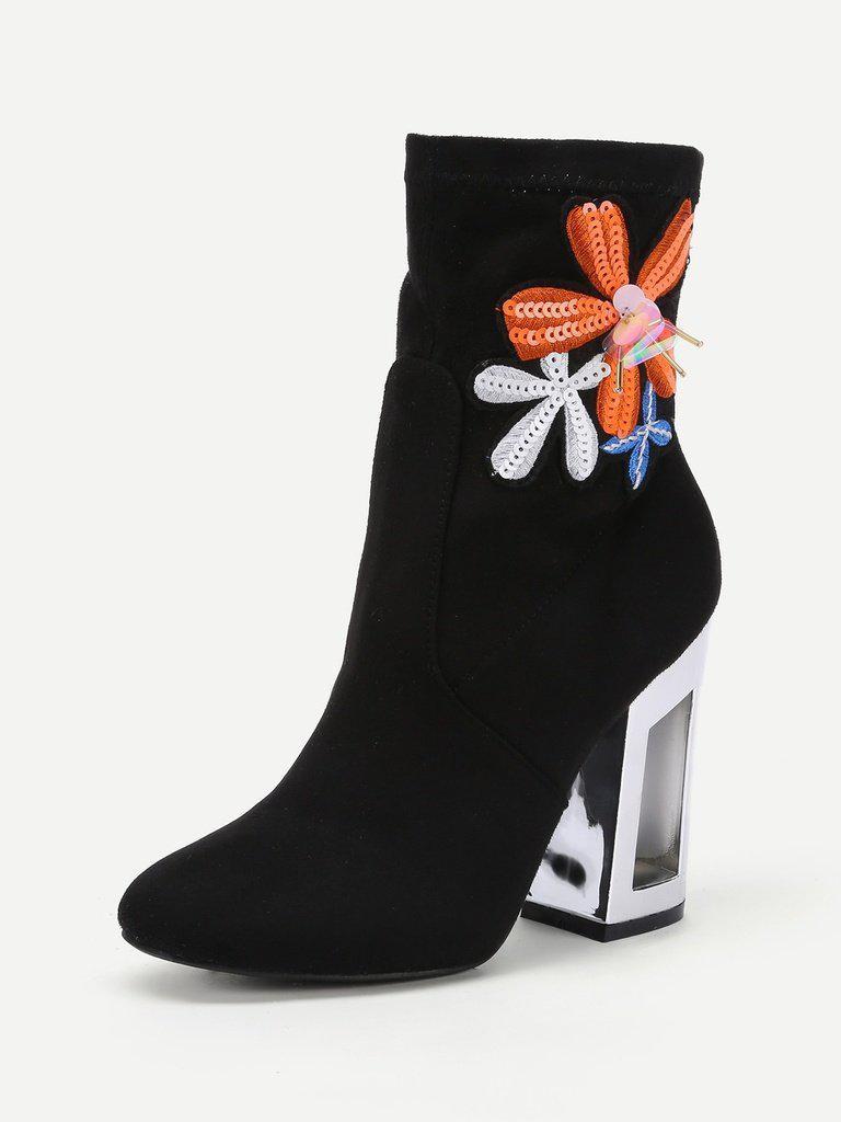 Flower Embroidery Clear Heeled Boots-shoes-Des Mess