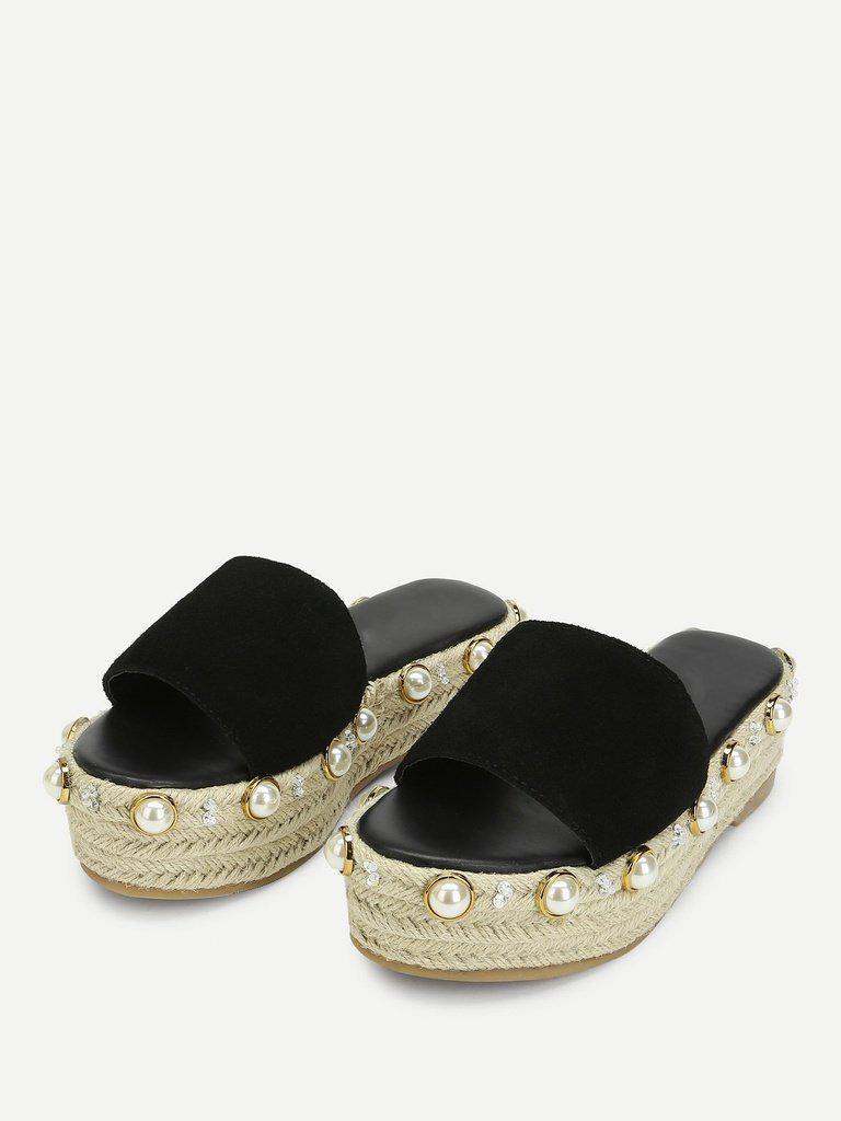 Faux Pearl Detail Espadrille Platform Wedges-shoes-Des Mess