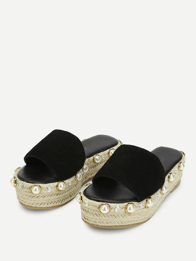 Faux Pearl Detail Espadrille Platform Wedges-shoes-Des Mess