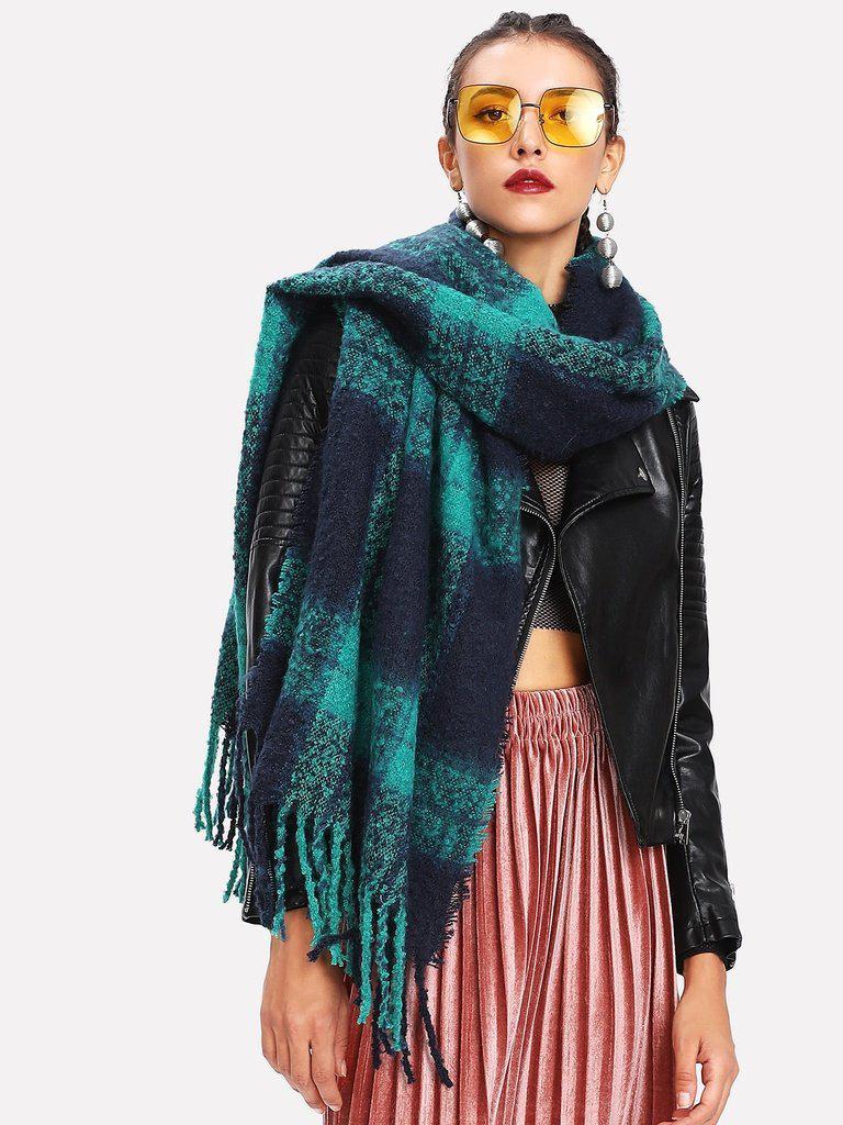 Fringe Trim Plaid Scarf-accessories-Des Mess