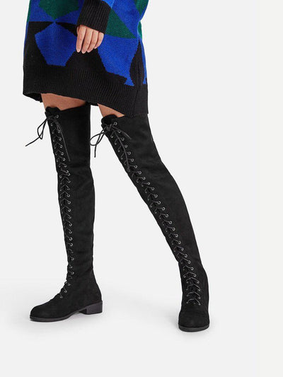 Lace Up Front Over Knee Suede Boots-shoes-Des Mess