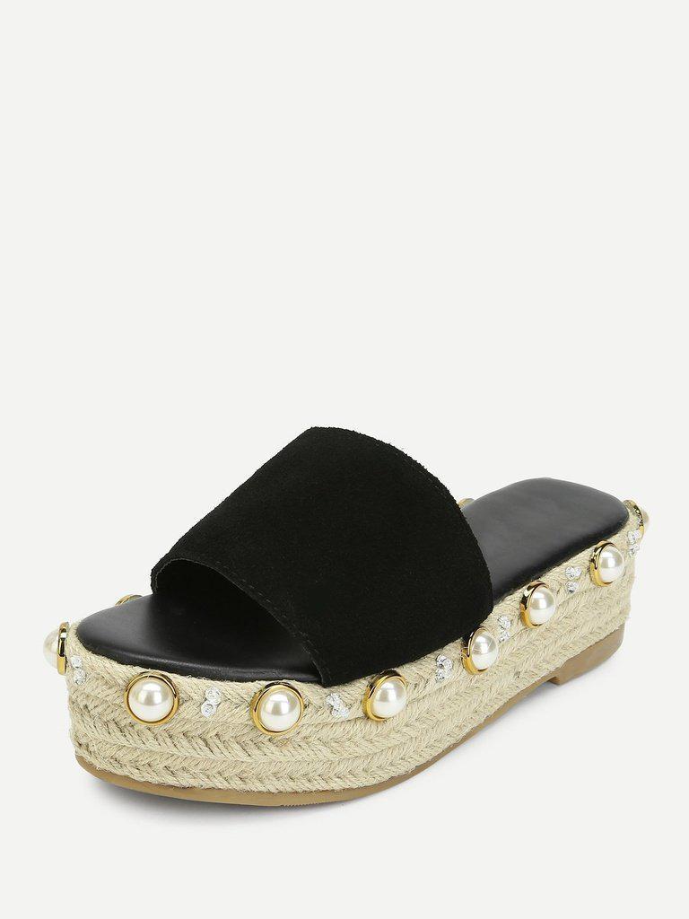 Faux Pearl Detail Espadrille Platform Wedges-shoes-Des Mess