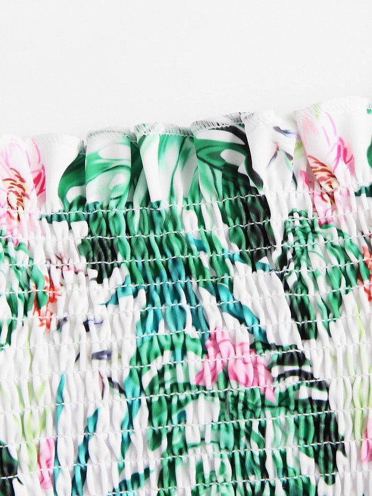 Tropical Print Frill Trim Shirred Bikini Set-swimwear-Des Mess
