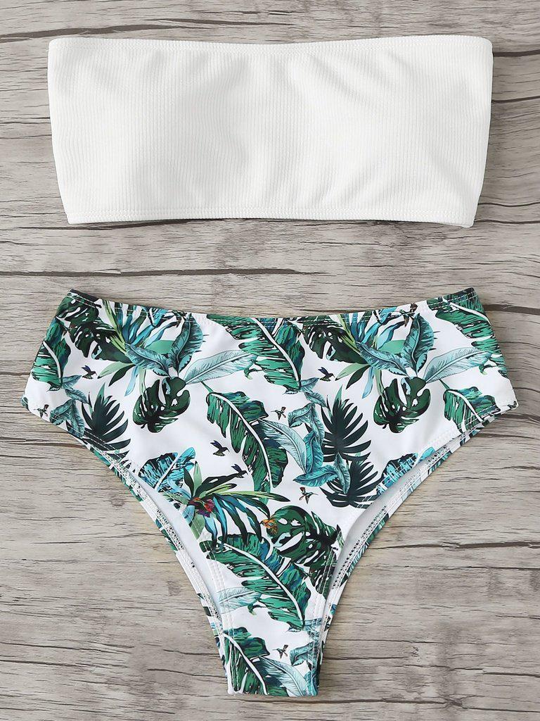 Tropical Print Bandeau Bikini Set-swimwear-Des Mess