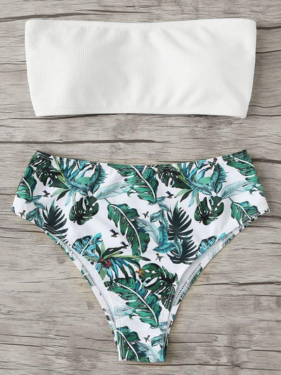 Tropical Print Bandeau Bikini Set-swimwear-Des Mess