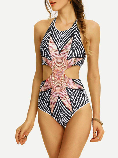 Tribal Print Cutout One-Piece Swimwear - Grey-swimwear-Des Mess