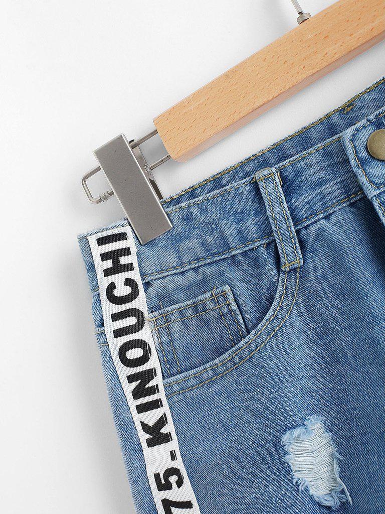 Frayed Hem Ripped Letter Denim Shorts-bottom-Des Mess