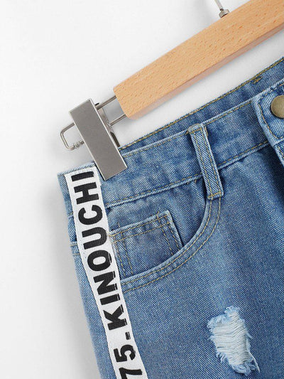 Frayed Hem Ripped Letter Denim Shorts-bottom-Des Mess