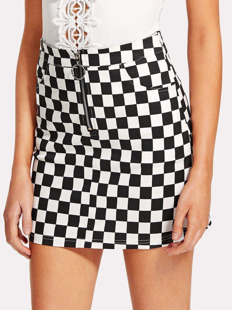 O-Ring Zipper Front Plaid Skirt-bottom-Des Mess