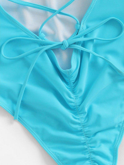 Lace Up Back Ruched Detail Plunge Swimsuit-swimwear-Des Mess