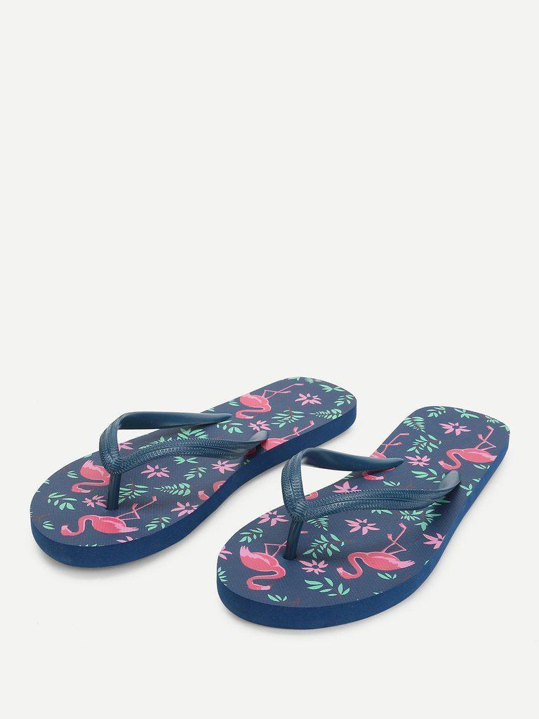 Flamingo Print Flat Slippers-shoes-Des Mess
