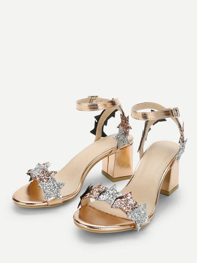 Glitter Star Detail Chunky Heeled Sandals-shoes-Des Mess