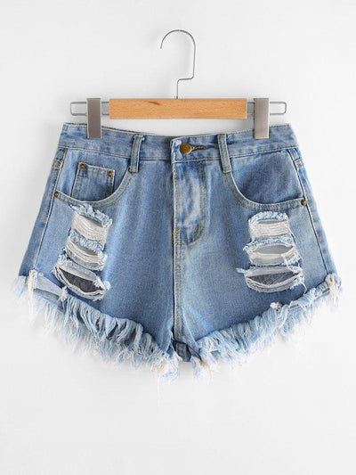 Destroyed Frayed Hem Denim Shorts-bottom-Des Mess