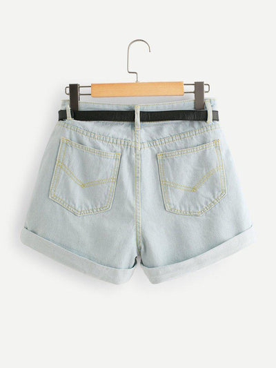 Cuffed Denim Shorts With Belt-bottom-Des Mess