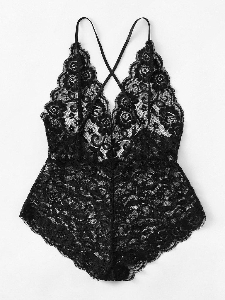 Scalloped Edge Cross Back Lace Teddy-lingerie-Des Mess