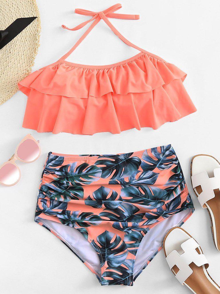 Palm Print Ruffle Bikini Set--Des Mess