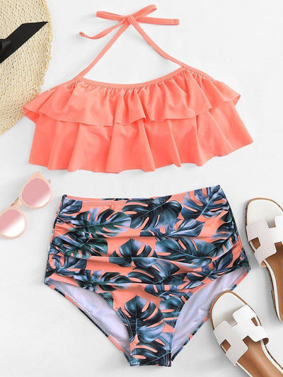 Palm Print Ruffle Bikini Set--Des Mess