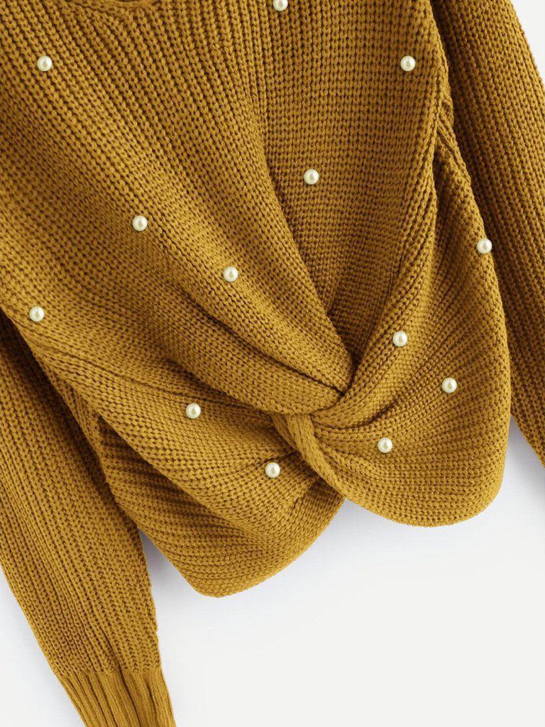 Pearl Beaded Detail Twist Sweater-outerwear-Des Mess